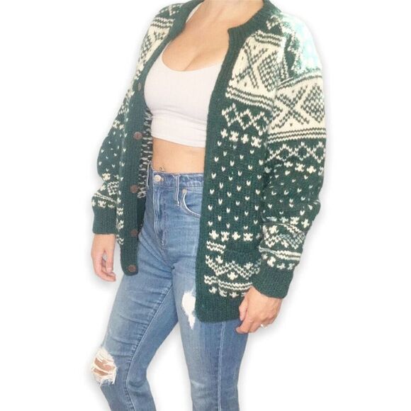 Vintage Joseph Anthony Collection Handknitted Wool Cardigan Sweater Green Cream - Picture 2 of 12